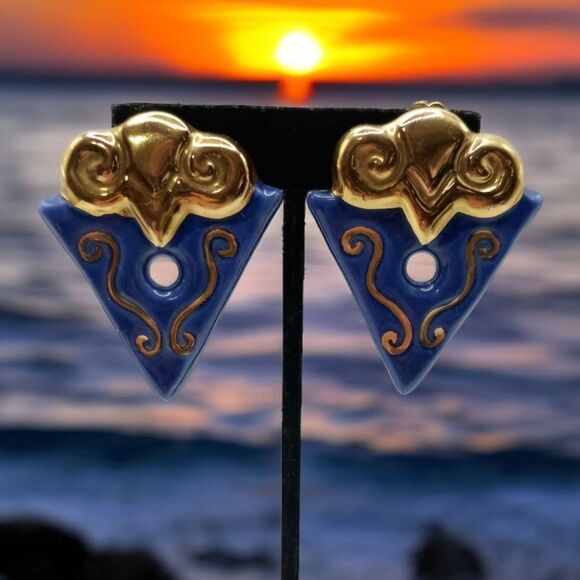 Geometric Abstract Earrings Clip On Terracotta Clay Handpainted Large Blue Gold - Picture 8 of 16